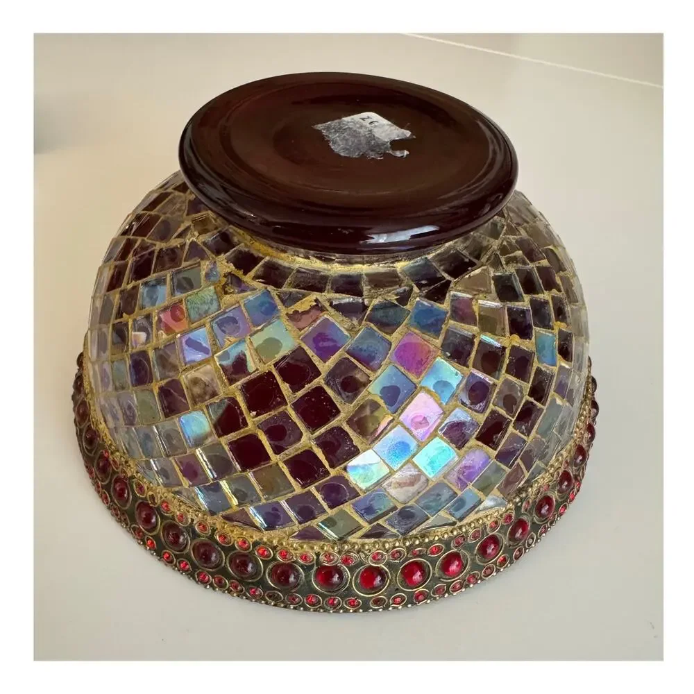 VTG Z Gallerie Ruby Mosaic Pedestal Bowl Iridescent Glass Jeweled Centerpiece